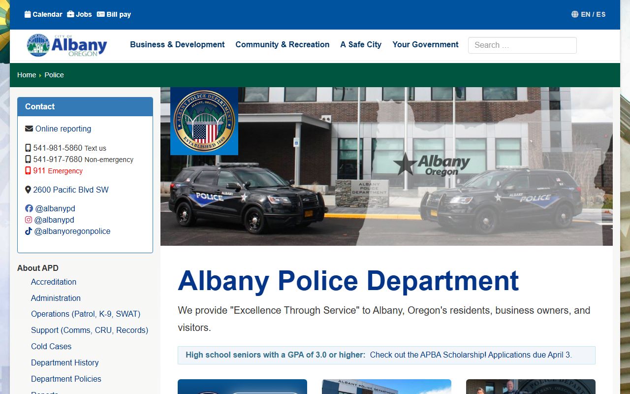 Albany Police Department website showing department information and services
