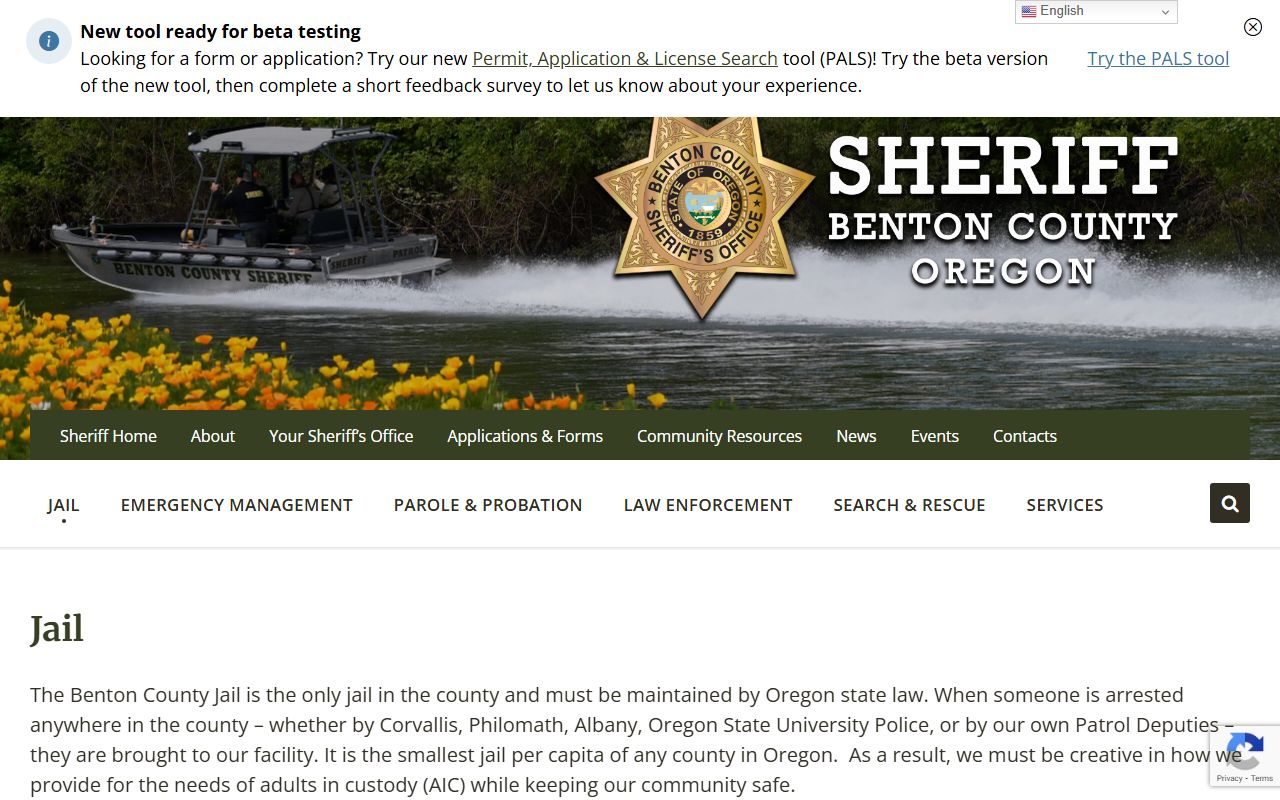 Benton County Jail facility and inmate population booking information