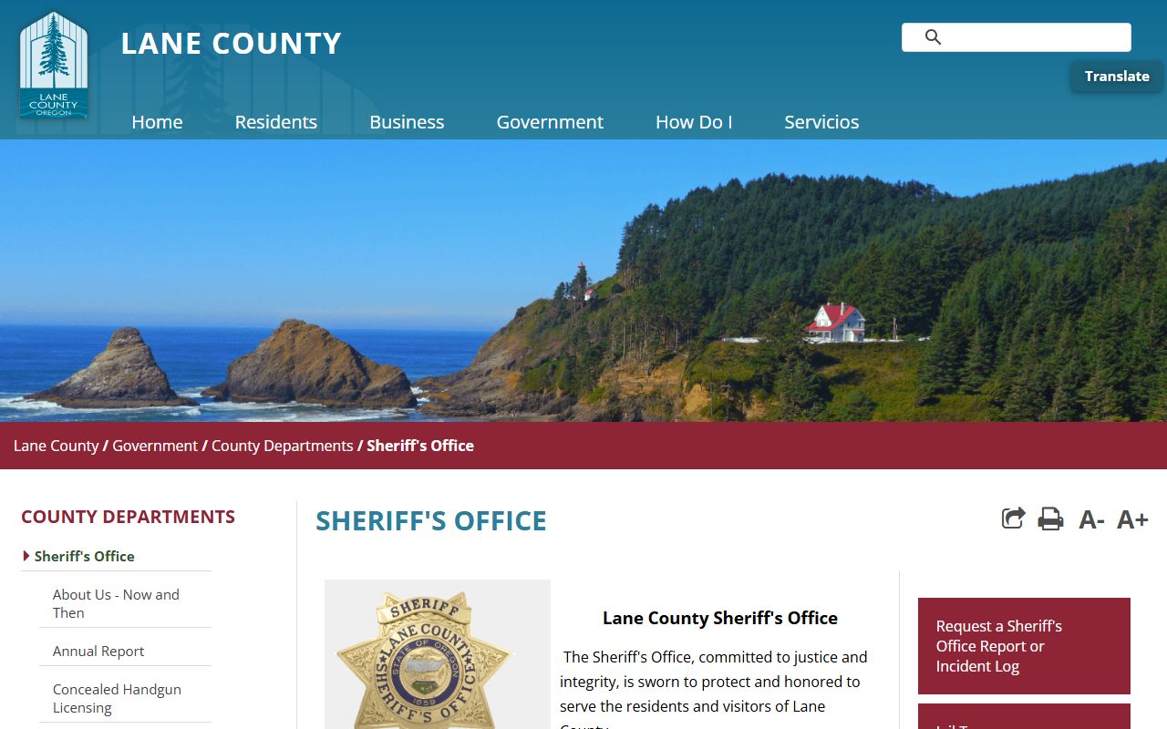Lane County Sheriff's Office website showing department information and services