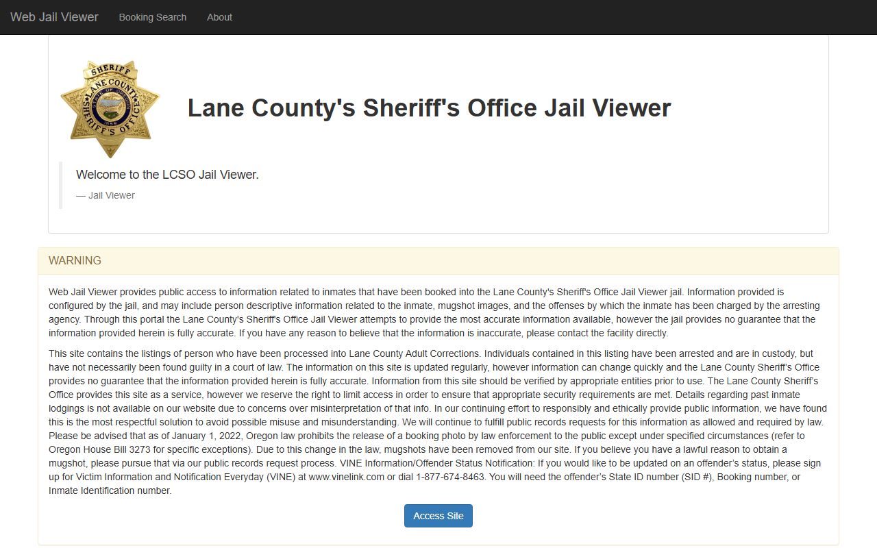 Lane County AIC Viewer interface for searching current jail inmates