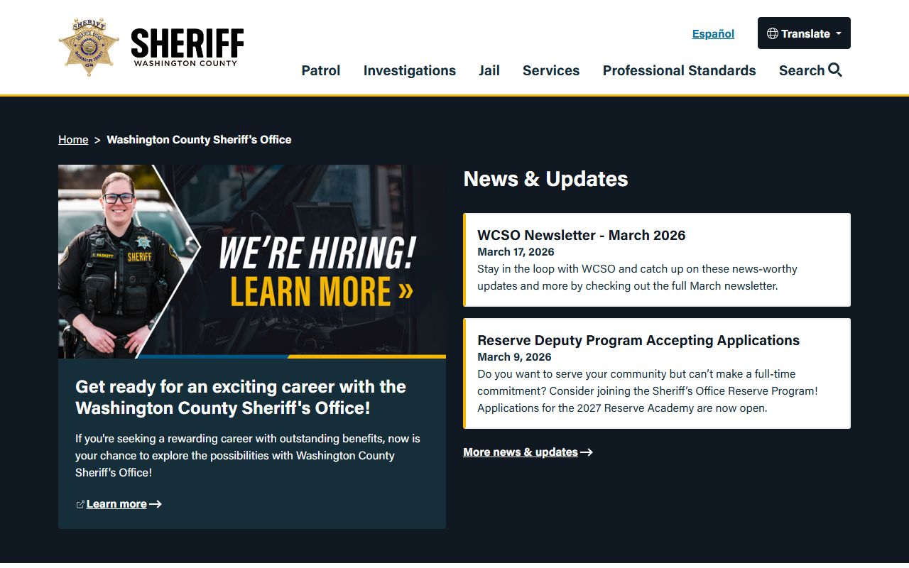 Washington County Sheriff official website for inmate population records
