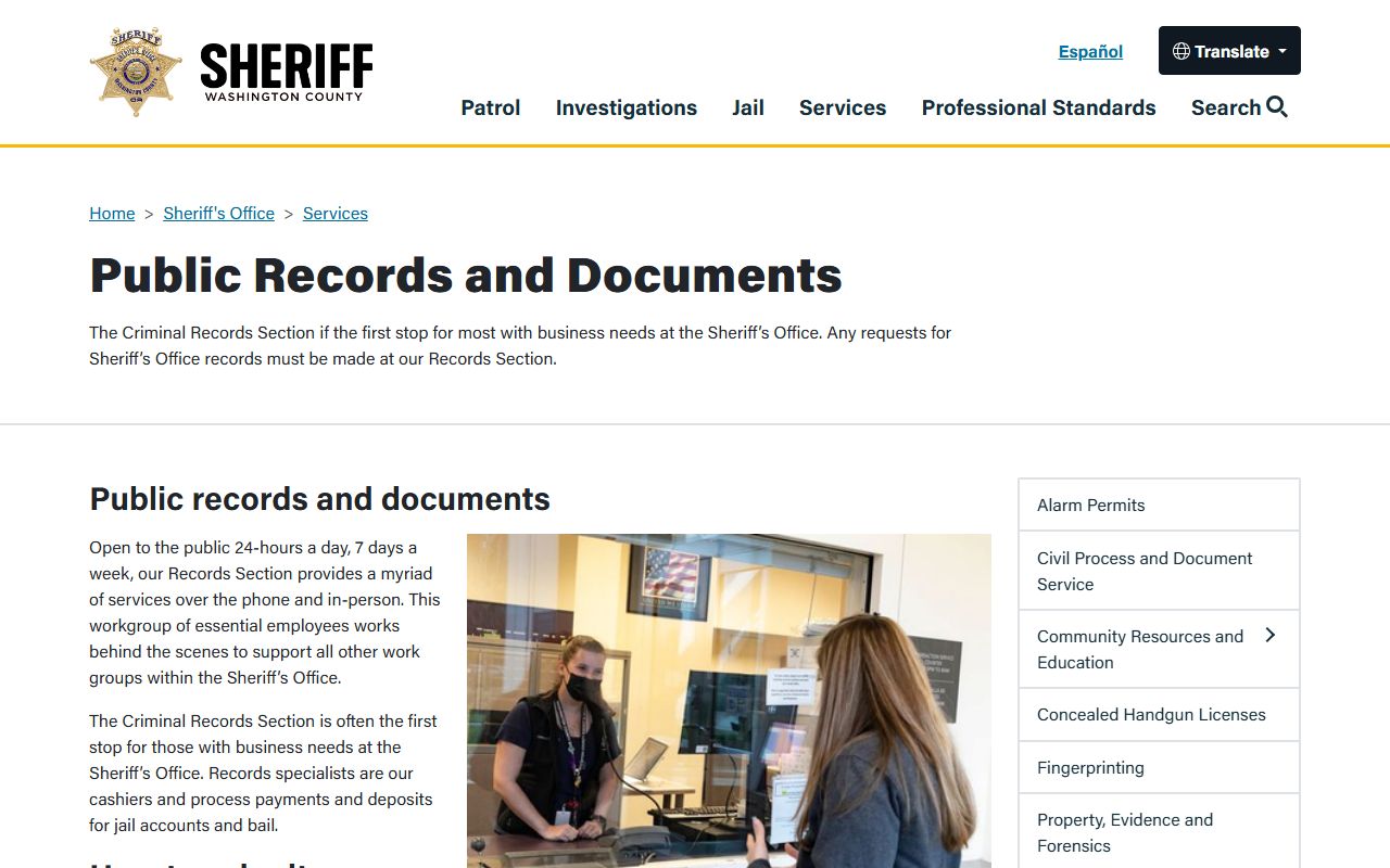 Washington County Sheriff records division for inmate population data