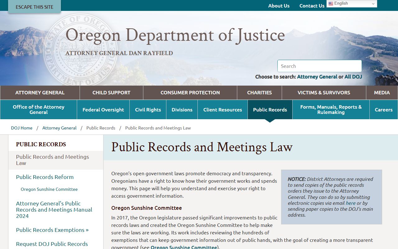 Oregon DOJ public records and meetings law page for inmate population requests