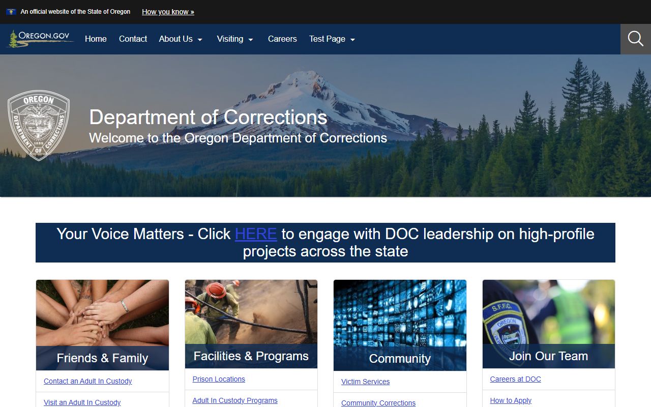 Oregon Department of Corrections main page with inmate population resources