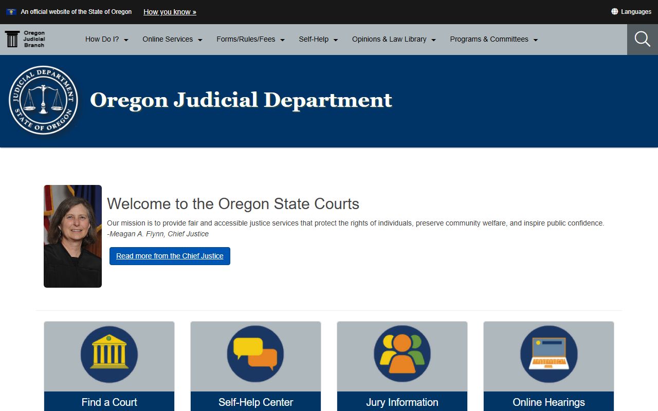Oregon Judicial Department courts page with inmate population case information