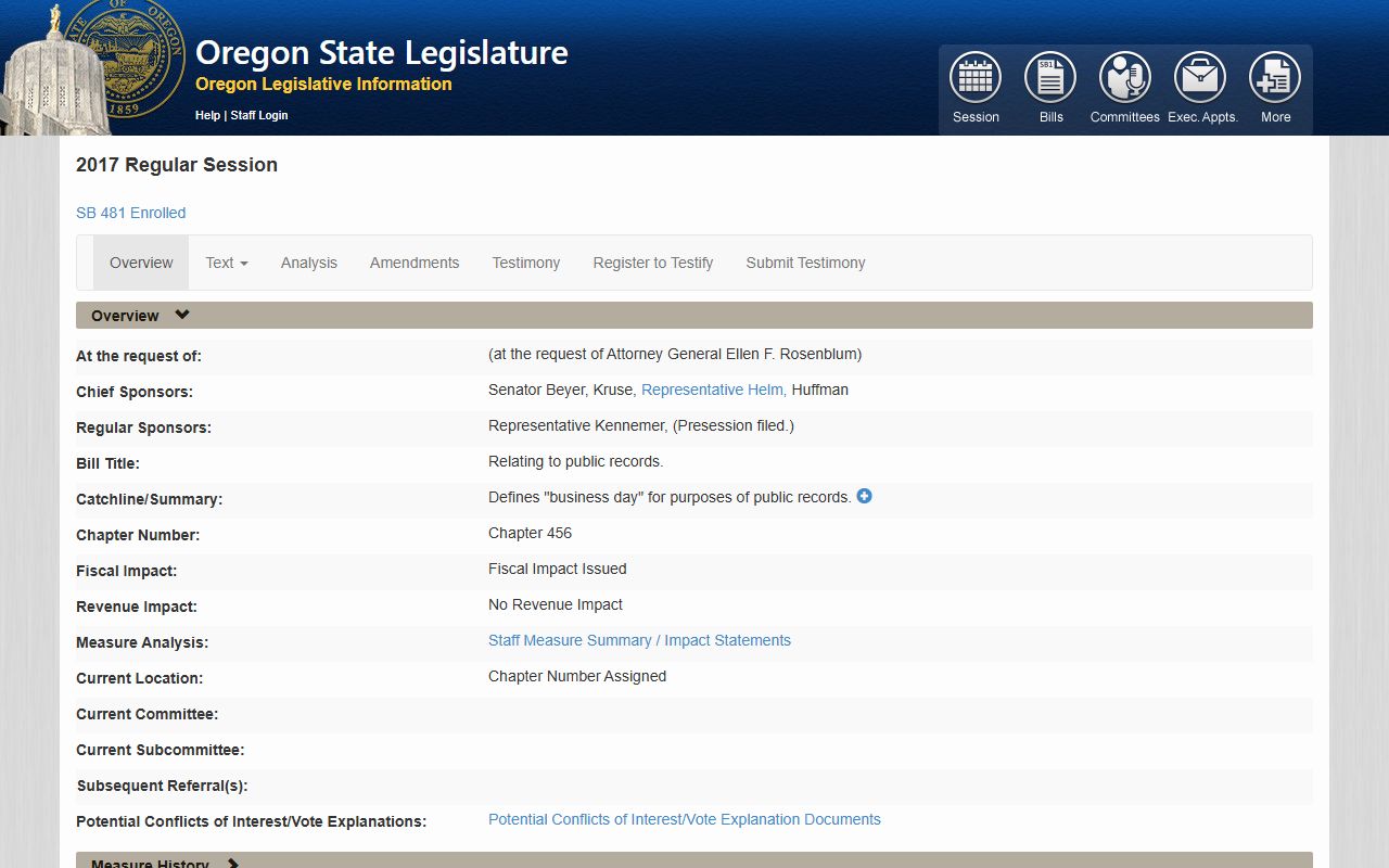 Oregon SB 481 public records reform legislation related to inmate population access